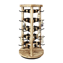 Wooden rotating jewelry display rack with metal hooks