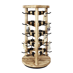 Wooden rotating jewelry display rack with metal hooks